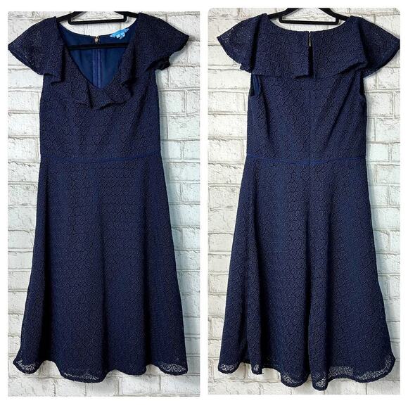 Draper James Blue Dress Heart Lace Flounce Shoulder Ruffle A-Line Knee Length 2 - Picture 2 of 7